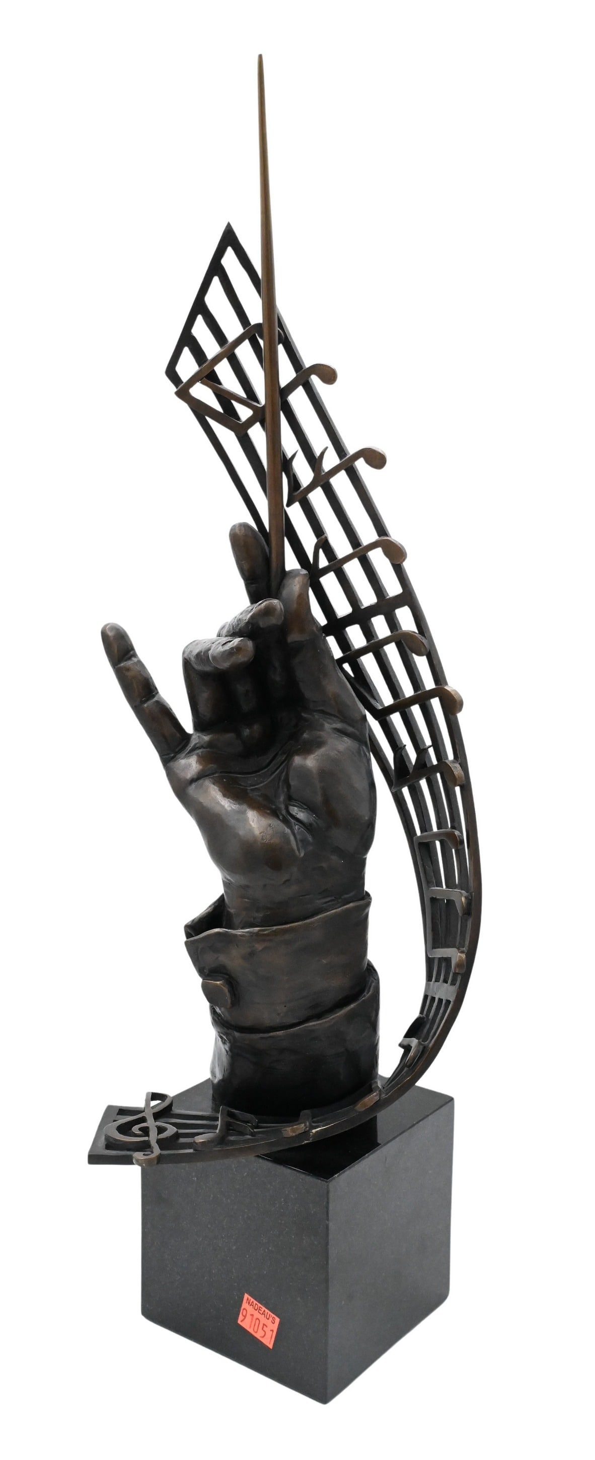 Andrew Stillman (20th/21st Century): Andrew Stillman (20th/21st Century) Conductor's Hand with Musical Notes Patinated bronze on black pedestal base height 22 inches Provenance: From an Upper East Side, Fifth Avenue Apartment