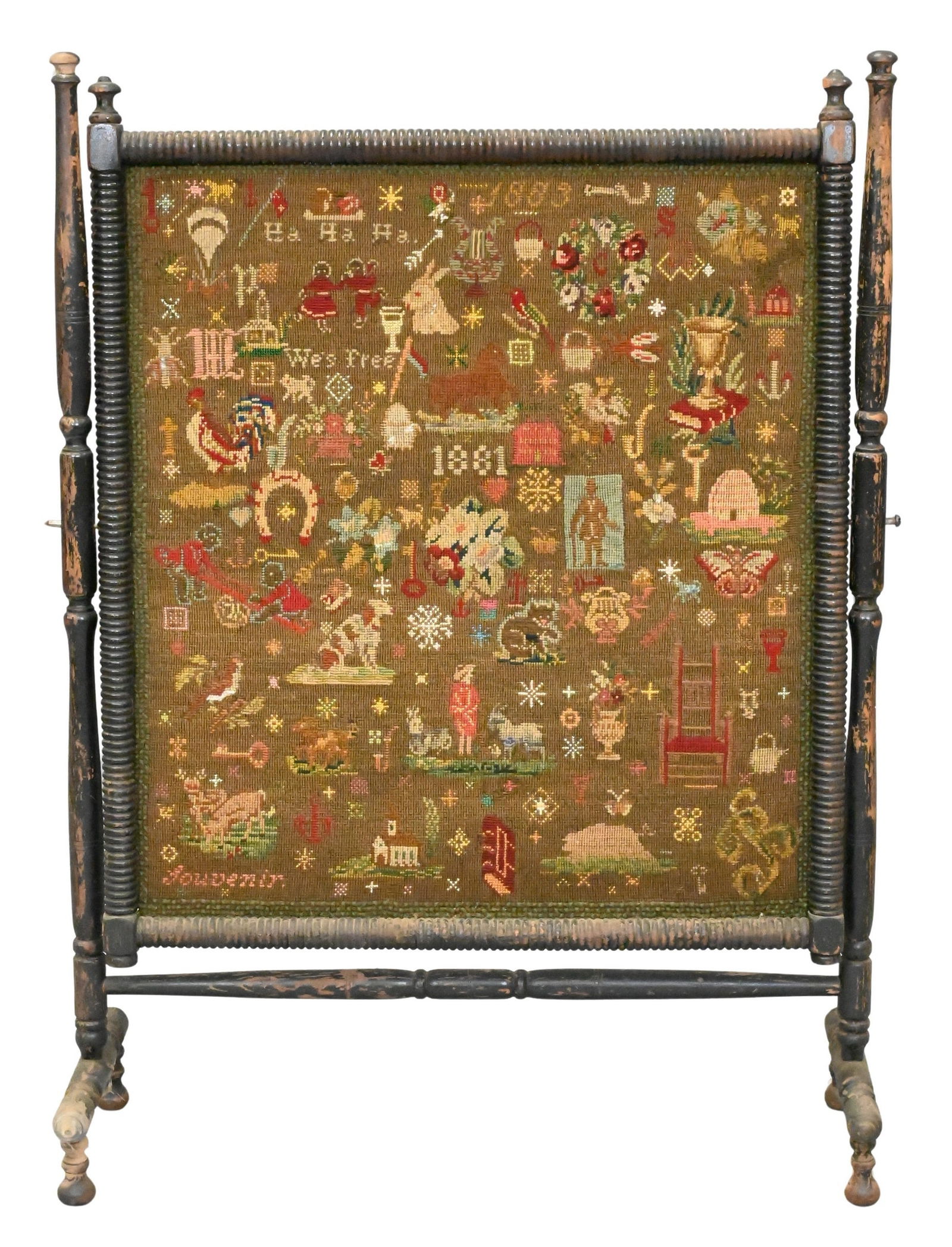 Victorian Spool Frame Fire Screen with Needlepoint Center (1 of 5)