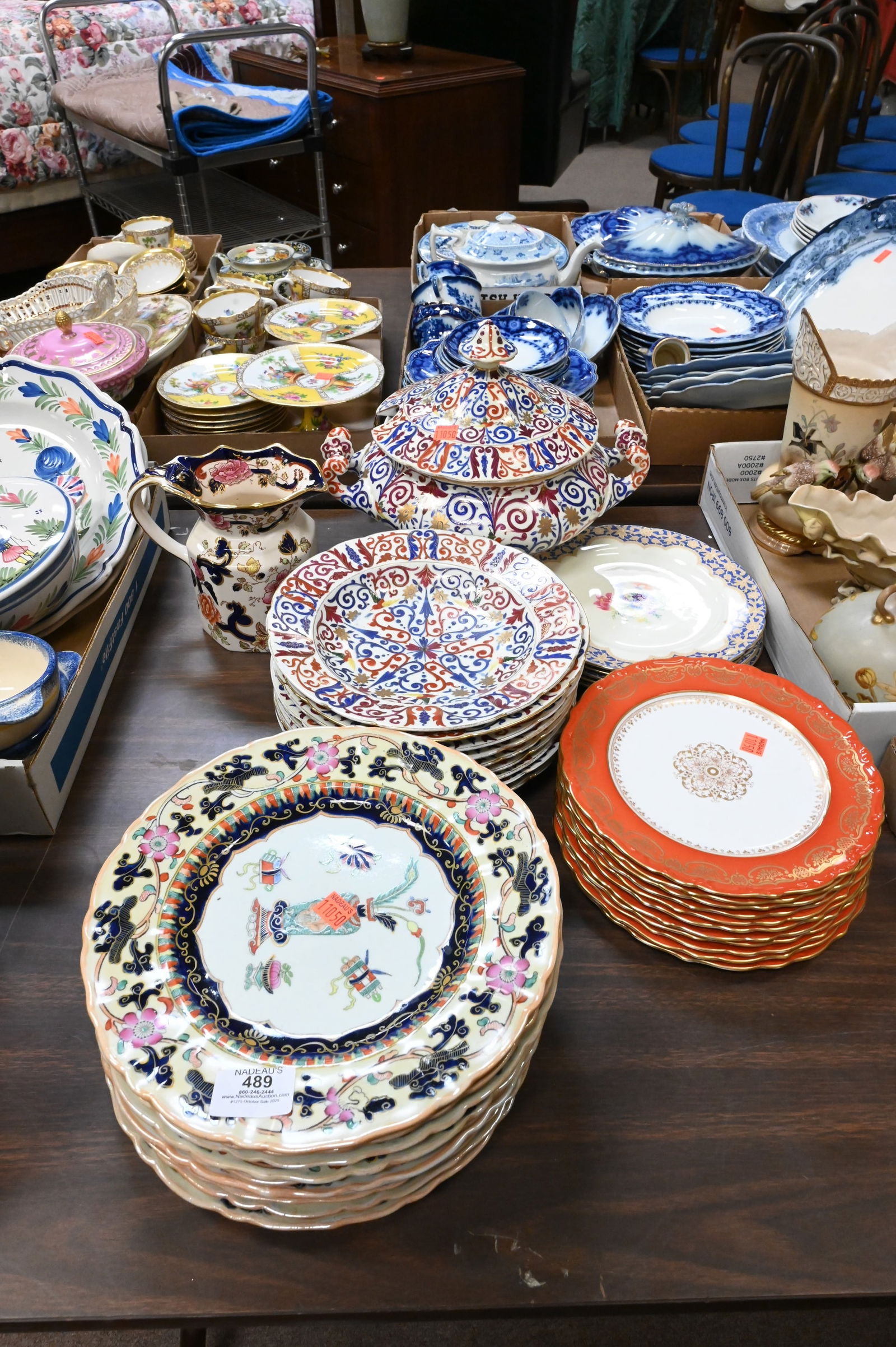 Four Partial Plates Sets: Four Partial Plates Sets to include Mason's ironstone "Chinese Antiquities" dinner plates, R.B. Austria tureen and plates in scrolling red and blue motif, Aynsley luncheon plates in orange and in blue