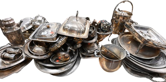 Large Lot of Silver Plate Trays, Dishes, Pots, Etcetera