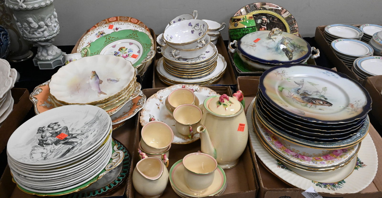 Six Box Lots of English Porcelain Dinnerware: Six Box Lots of English Porcelain Dinnerware to include Aynsley saucer and dinner plates, Partial Spode "Stafford Flowers" service in "Campanula", plates, pitchers, teacups etc... largest platter 16 i