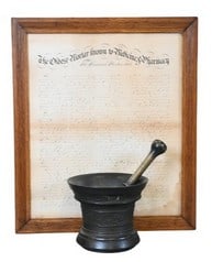 Large Bronze Mortar with Pestle and Framed Letter Dated 1668