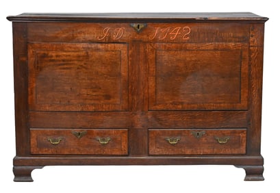 Carved and Dated Oak Mule Chest