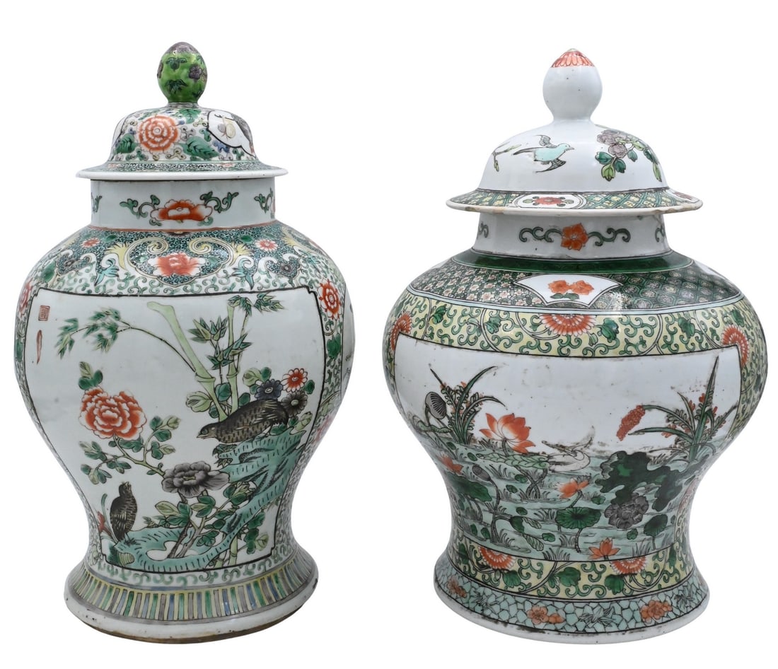 Near Pair Famille Verte Covered Baluster Jars (1 of 6)