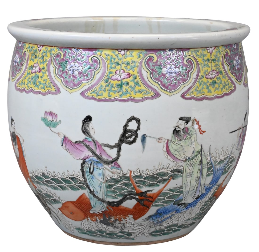 Large Chinese “Eight Immortals Crossing the Sea?? Jardinière: Large Chinese “Eight Immortals Crossing the Sea” Jardinière in famille rose enamels with a continuous scene of the Eight Immortals Crossing the Sea, depicted amid cresting waves and auspiciou