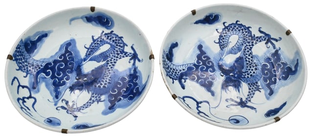 Pair of Chinese Blue and White Dragon Dishes