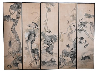 Set of Six Japanese Framed Panels, Ink and Color on Paper, 19th Century