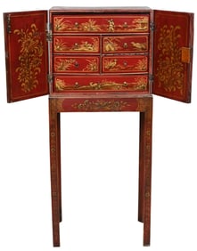 Red Lacquered Chinoiserie Collectors Cabinet