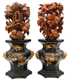Pair of Chinese Lacquer Vases with Carved Fruit Bouquets