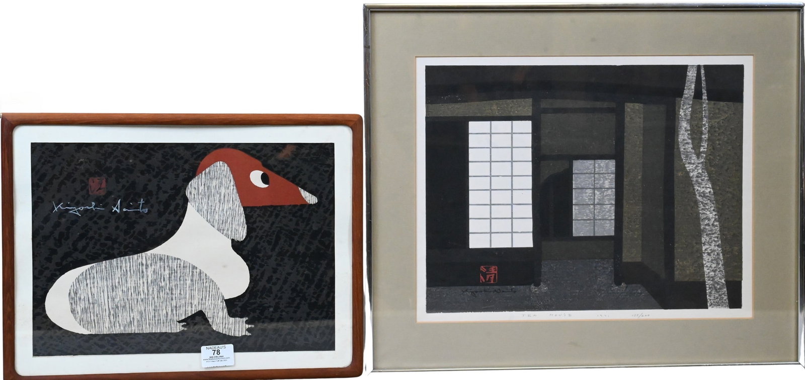 Two: Kiyoshi Sait? (Japanese 1907-1997): Two: Kiyoshi Sait? (Japanese 1907-1997) "Dachshund Laying" Woodblock print in colors 10" x 13 1/2" sight size "Tea House", 1971 Woodblock print in colors, edition 125/200 Titled, dated, with artist’