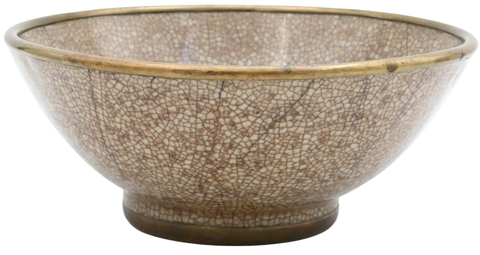 Chinese Porcelain Brown Crackle Bowl: Chinese Porcelain Brown Crackle Bowl having brass mount on feet and rim, W.D. McCann sticker 9633 collection number 151, marked Ming height 4 inches, diameter 7 3/4 inches Provenance: Property of a No
