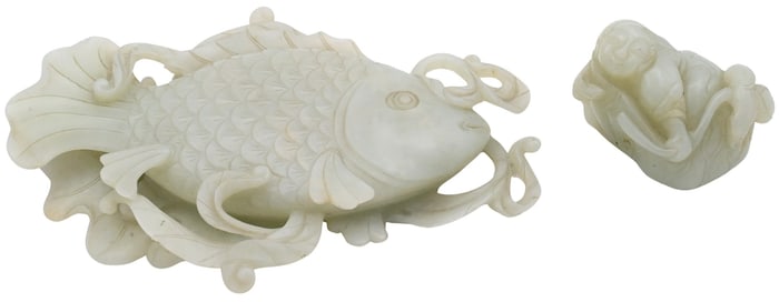 Chinese Carved Hardstone Fish Form Brush Washer and Figure