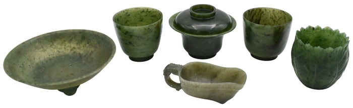 Group of Six Chinese Spinach Hardstone Carvings