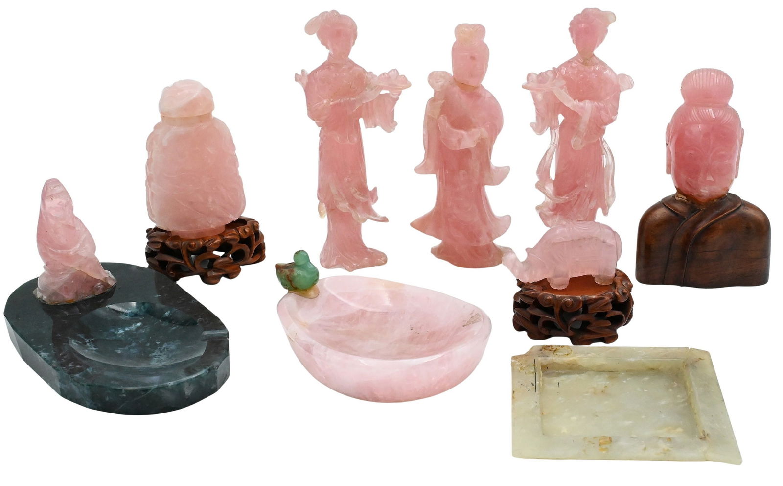 Group of Eight Chinese Rose Quartz Carvings: Group of Eight Chinese Rose Quartz Carvings Including figures, animals, and decorative objects, each carved from rose quartz of varying pink tones. Tallest height 5 1/2 inches Provenance: From a Park