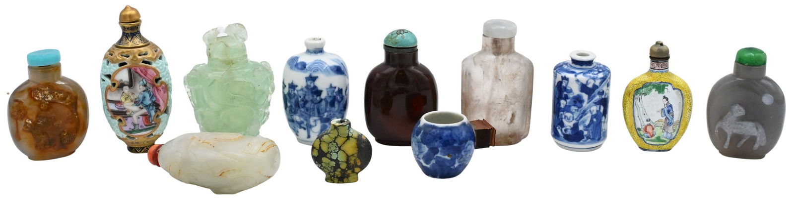 Group of Twelve Chinese Snuff Bottles: Group of Twelve Chinese Snuff Bottles to include agate, quartz, and other hardstones, together with porcelain bottles in blue and white and famille rose enamels, one reticulated with erotic scene, as
