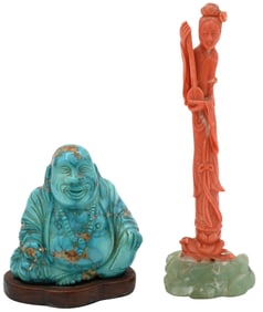 Chinese Carved Coral Guanyin Figure and Turquoise Buddha