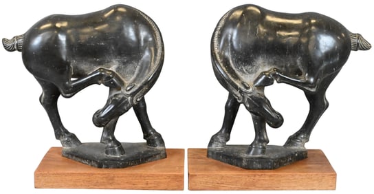 Pair of Chinese Carved Dark Limestone Figures of Horses