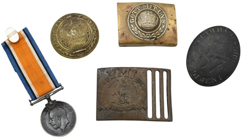 Group of Military Belt Buckles, Medals, and Insignia