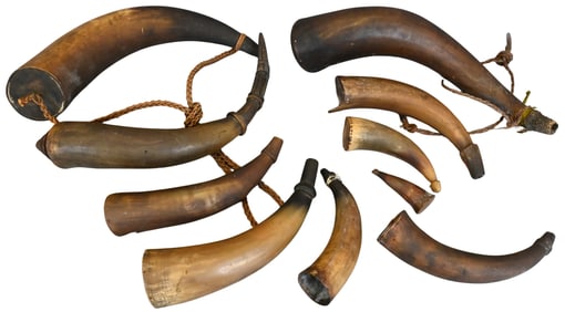 10 Piece Group of Powder Horns, 19th Century