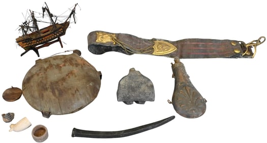 10 Piece Group of Militaria to include Belt, Powder Flask, Canteens, and Relics