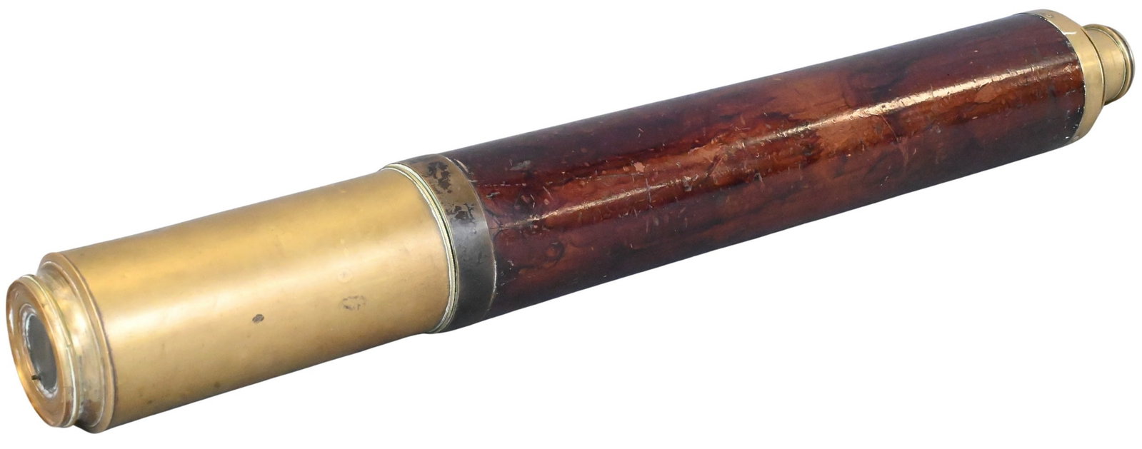 English Brass and Mahogany Telescope: English Brass and Mahogany Telescope 19th Century, A fine brass and mahogany spyglass, the cylindrical body clad in polished mahogany, fitted with brass mounts and sliding sunshade. length 20 1/2 inch