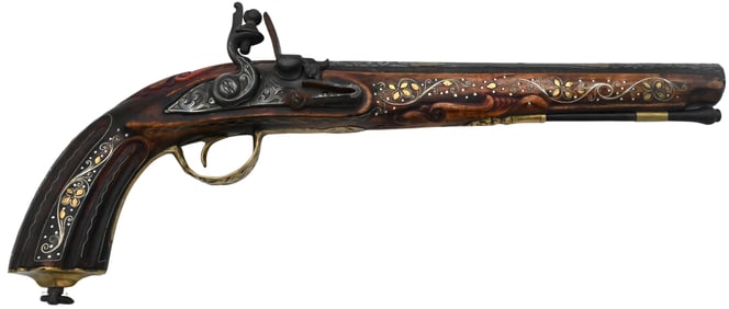 Silver and Brass Inlaid Ottoman Kurdish Flintlock Dueling Pistol
