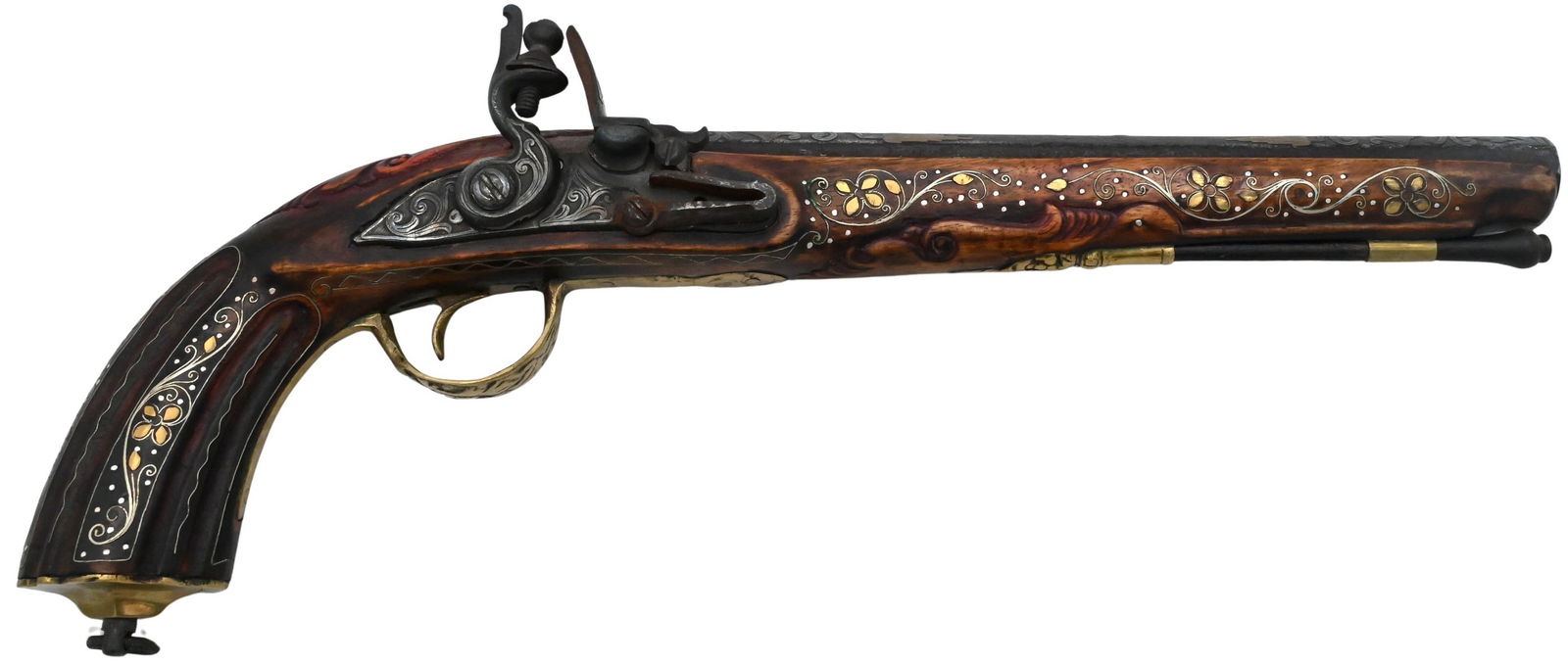 Silver and Brass Inlaid Ottoman Kurdish Flintlock Dueling Pistol: Silver and Brass Inlaid Ottoman Kurdish Flintlock Dueling Pistol having silver and copper scrolling vine and flower inlay to barrel and brass inlay to grip panel total length 16 inches Provenance: Pro