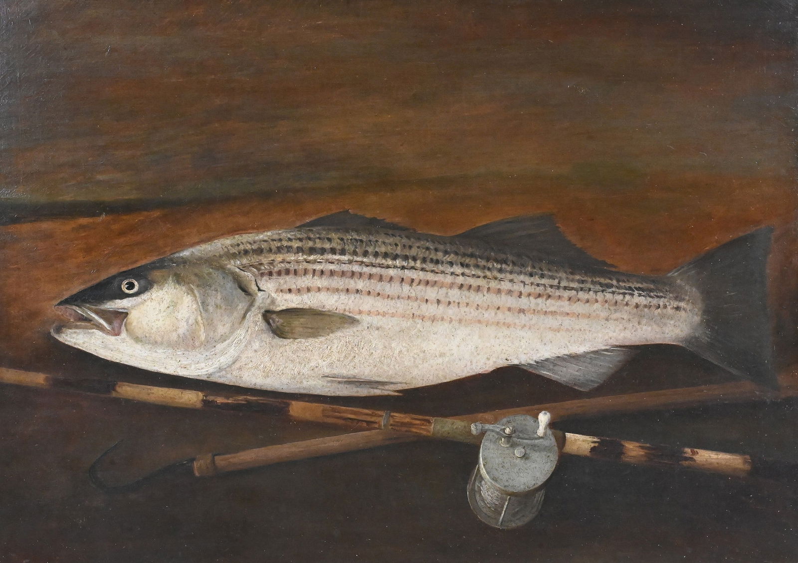 Charles Henry Gifford (American 1839-1904): Charles Henry Gifford (American 1839-1904) Striper and Fishing Rod on the Shore, 1869 Oil on canvas Signed and dated lower left CH Gifford Aug. 1869 26" x 36" Provenance: Property from a Essex, Connec