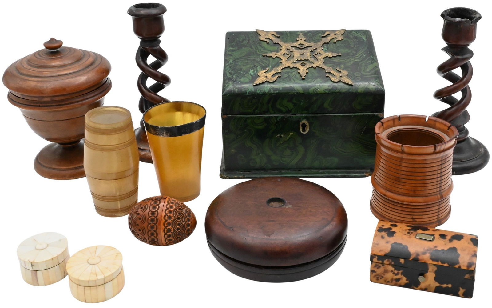 Collection of Treenware and Decorative Boxes: Collection of Treenware and Decorative Boxes An assorted grouping comprising a pair of spiral-twist candlesticks; a turned covered urn-form box with knob finial; a small barrel-form horn box with fitt