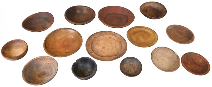 14 Piece Group of Wooden Treenware Bowls and Plates