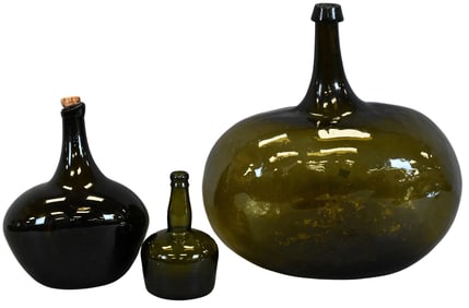 Group of Three Early Green Blown Glass Bottles