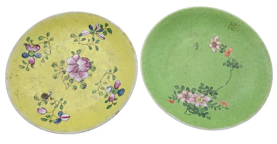 Two Chinese Famille Rose Apple Green Floral Dishes
