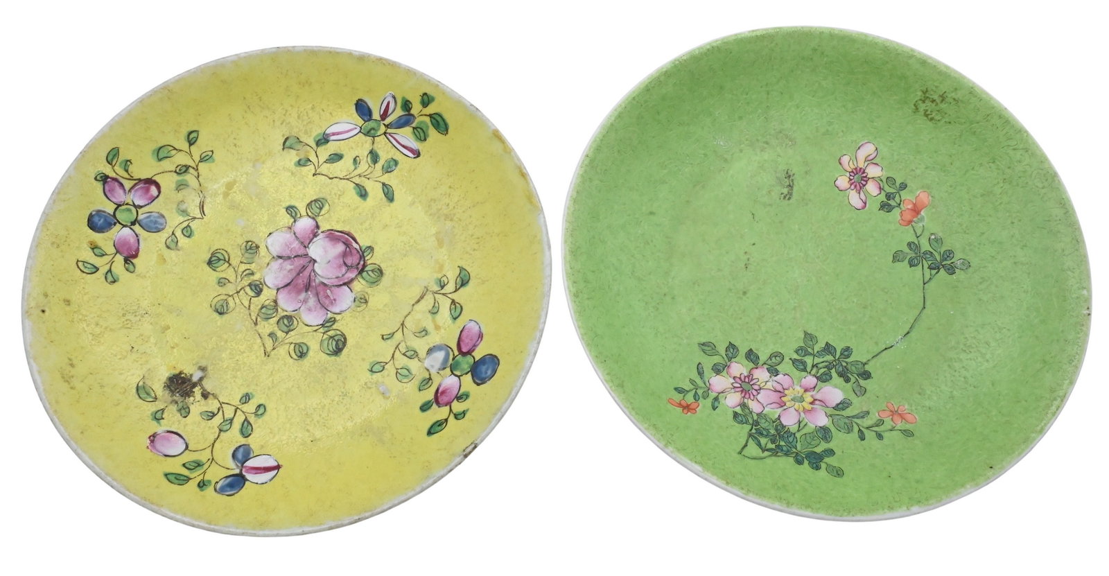 Two Chinese Famille Rose Apple Green Floral Dishes: Two Chinese Famille Rose Apple Green Floral Dishes Each circular dish decorated in overglaze enamels with blossoming floral sprays on brightly enameled and sgraffito ground, one in lime green and the 