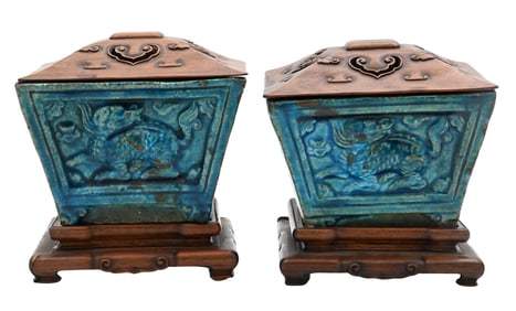 Pair of Small Chinese Stoneware Rectangular Censers / Boxes