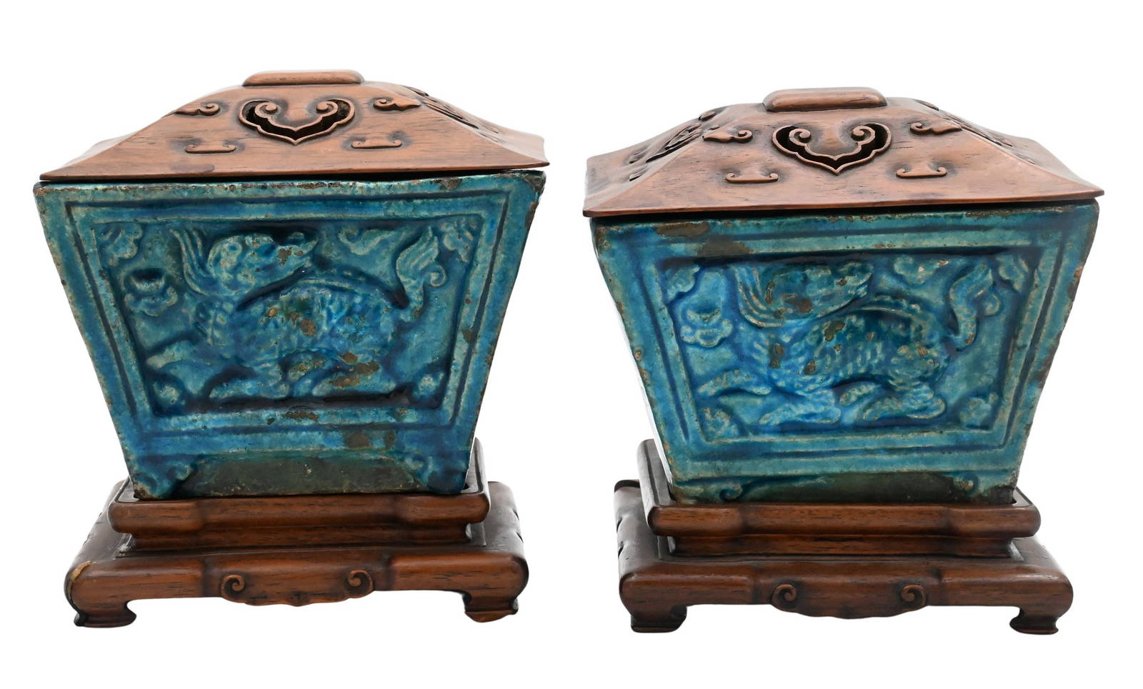 Pair of Small Chinese Stoneware Rectangular Censers / Boxes