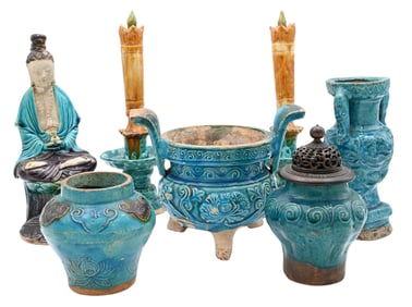 Group of Seven Chinese Stoneware Turquoise and Aubergine Articles