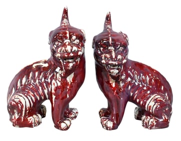 Pair of Chinese Flambe Porcelain Foo Dogs