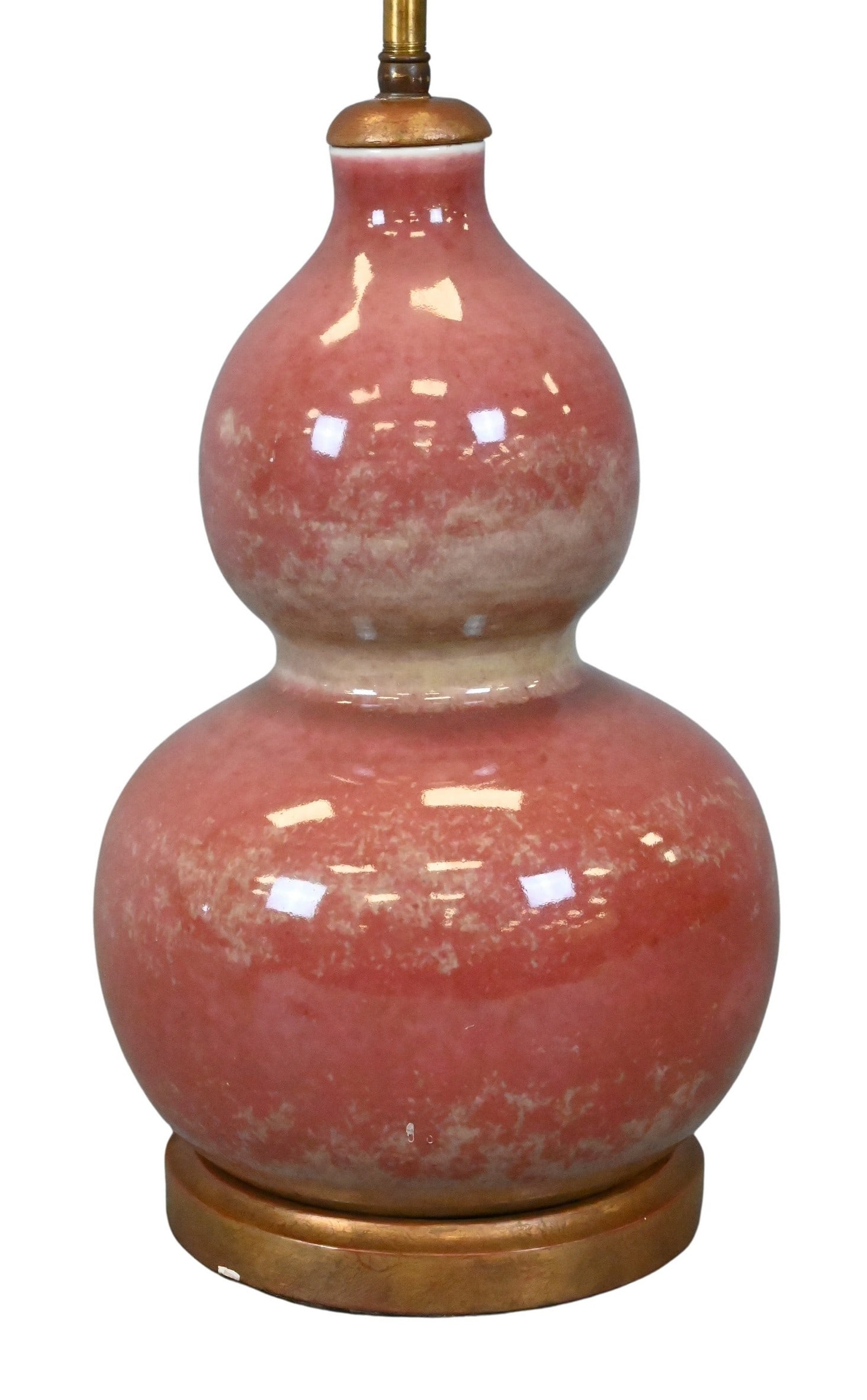 Chinese Oxblood Glazed Double-Gourd Vase Mounted as a Lamp: Chinese Oxblood Glazed Double-Gourd Vase Mounted as a Lamp porcelain double-gourd vase covered in a rich oxblood glaze with variegated shading and lighter speckling, mounted on a brass base and fitted