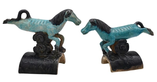 Pair of Chinese Stoneware Flying Horse Roof Tiles