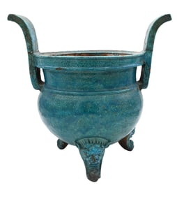 Large Chinese Monochrome Turquoise Footed Censer