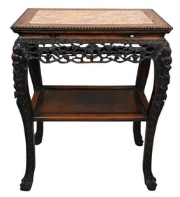 Chinese Carved Hardwood and Marble-Top Stand