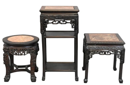 Three Chinese Hardwood and Marble Stands, Late 19th / Early 20th Century