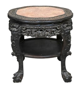 Chinese Carved Hardwood Stand with Marble Inset