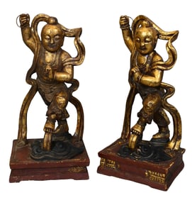 Pair of Chinese Giltwood Figures, Late Qing / Republic Period