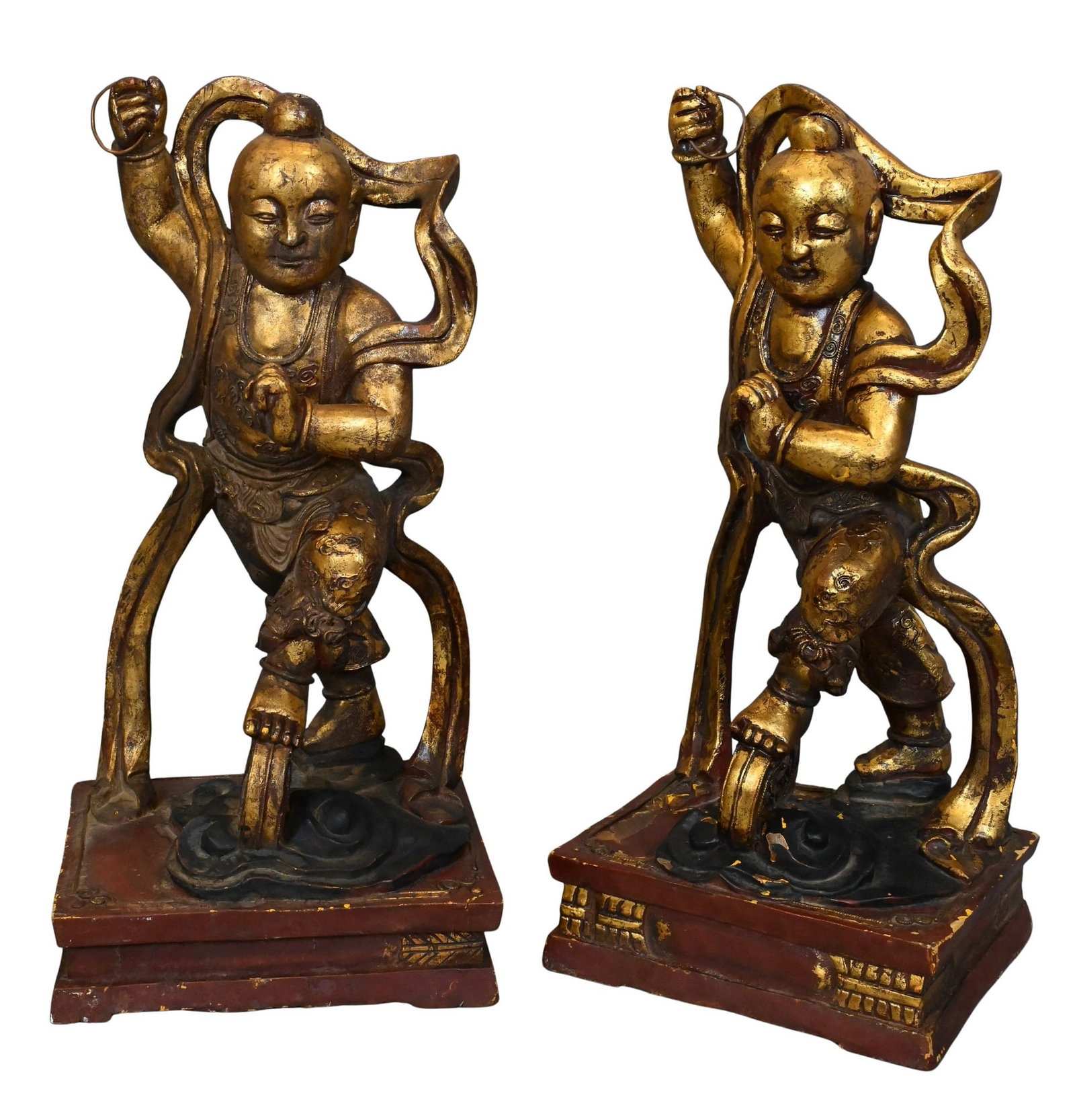 Pair of Chinese Giltwood Figures, Late Qing / Republic Period: Pair of Chinese Giltwood Figures, Late Qing / Republic Period A pair of carved and giltwood figures, each depicting a celestial figure in dynamic pose with flowing sashes, standing on a square base. h