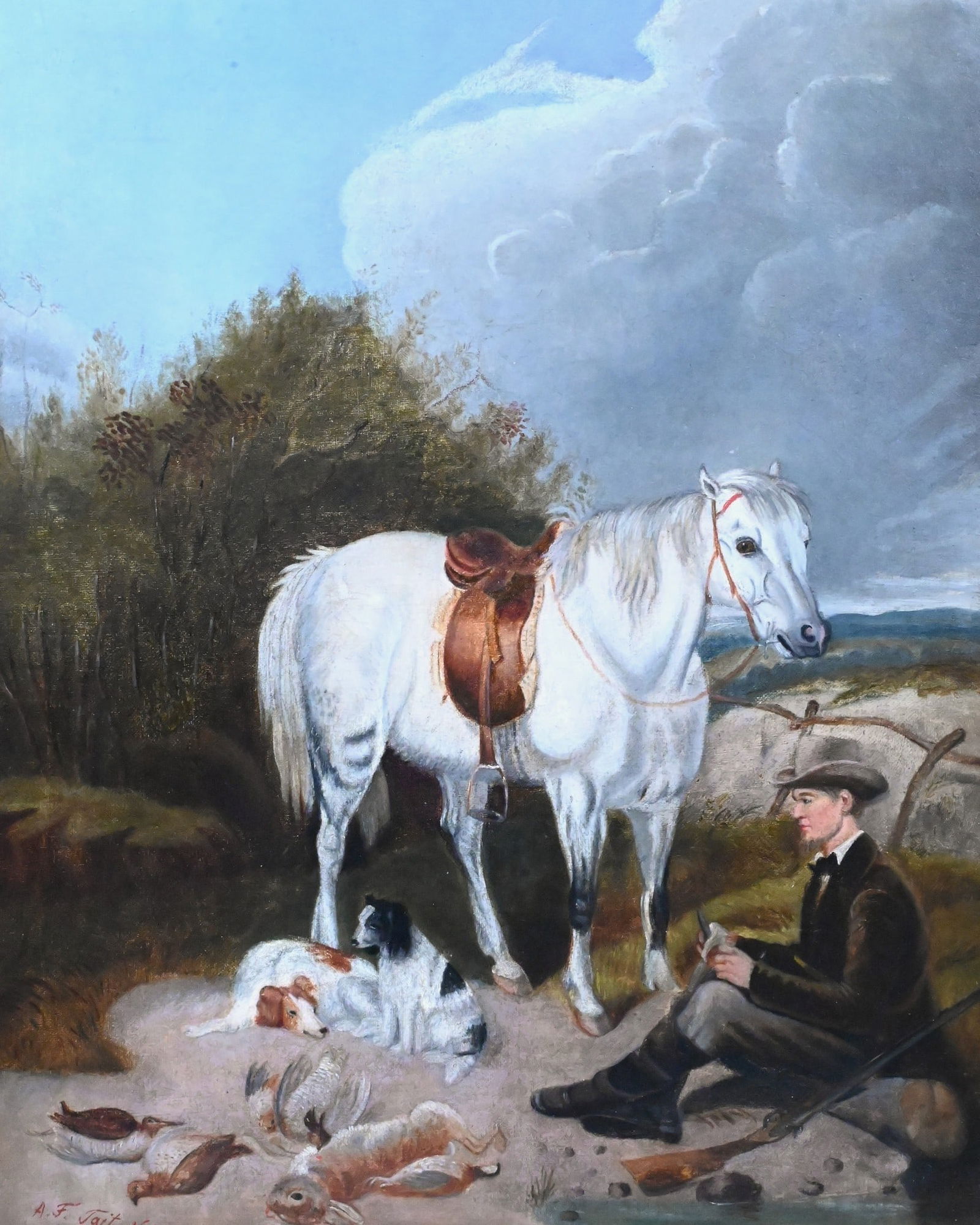 Arthur Fitzwilliam Tait (American 1819-1905): Arthur Fitzwilliam Tait (American 1819-1905) Man with White Horse after Hunt Depicting a resting hunter seated beside his white horse and spaniel, with hunting rifle, bag, and quarry including hare an