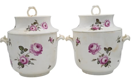 Pair of English Porcelain Floral-Decorated Fruit Coolers and Covers