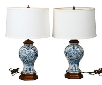 Pair of Blue and White Delft Pottery Lamps