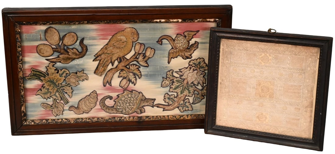 Two English Embroidered Slips: Two English Embroidered Slips to include 18th century White Work Sampler in Hogarth Frame 10? x 10? Needlework embroidery samplers of bird, snail, figs 12? x 20?