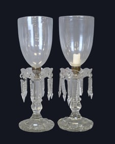 Pair of Cut Glass Mantle Lustres with Hurricane Shades